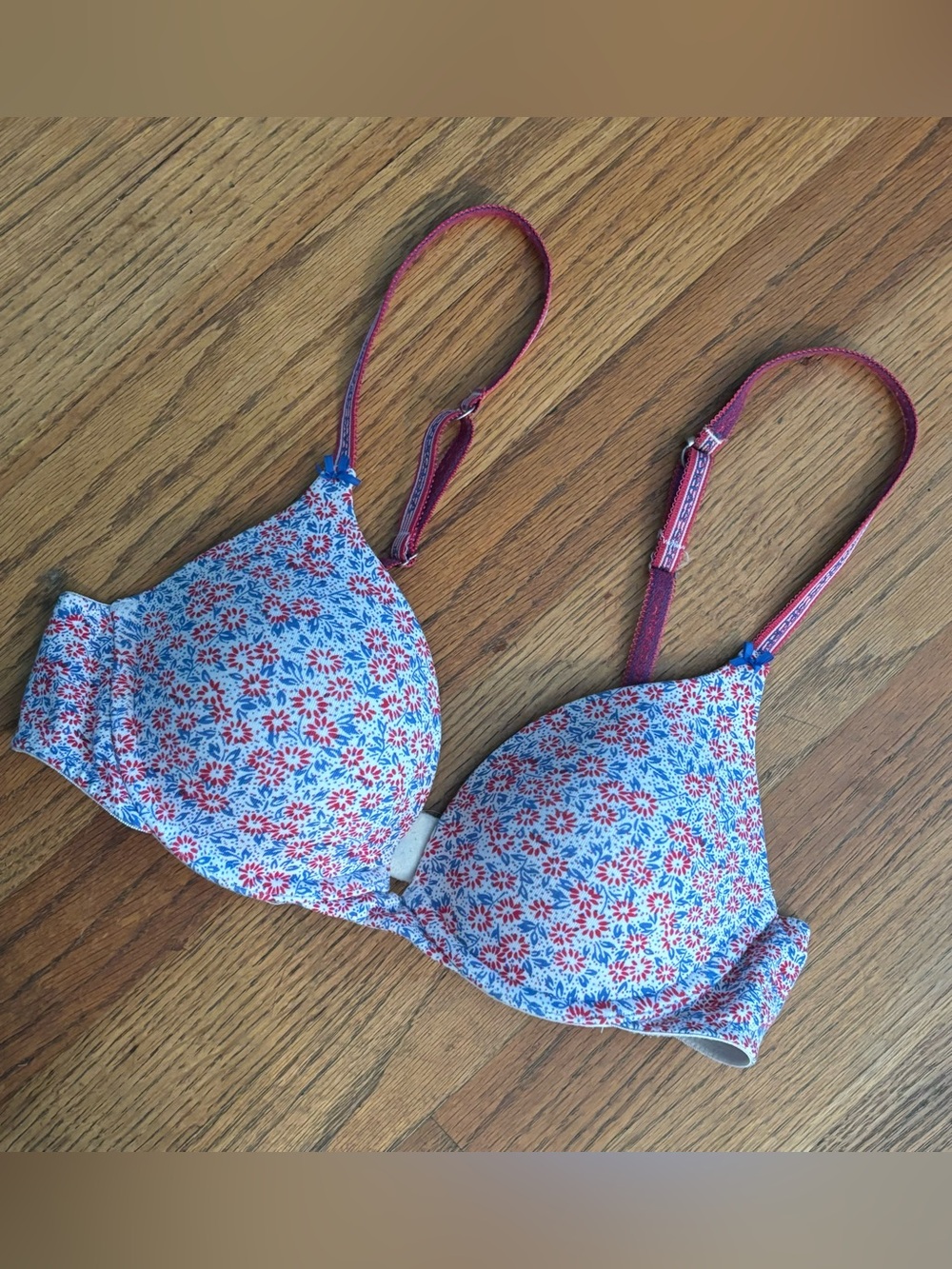 Victoria's Secret Red, White & Blue Floral T-Shirt Bra with Striped Straps,34B